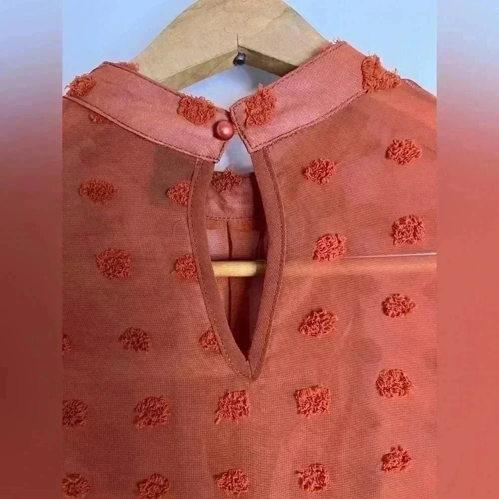 SHEIN Orange Blouse with Pom Poms and a Singapore Collar Size Lg. - Picture 7 of 10